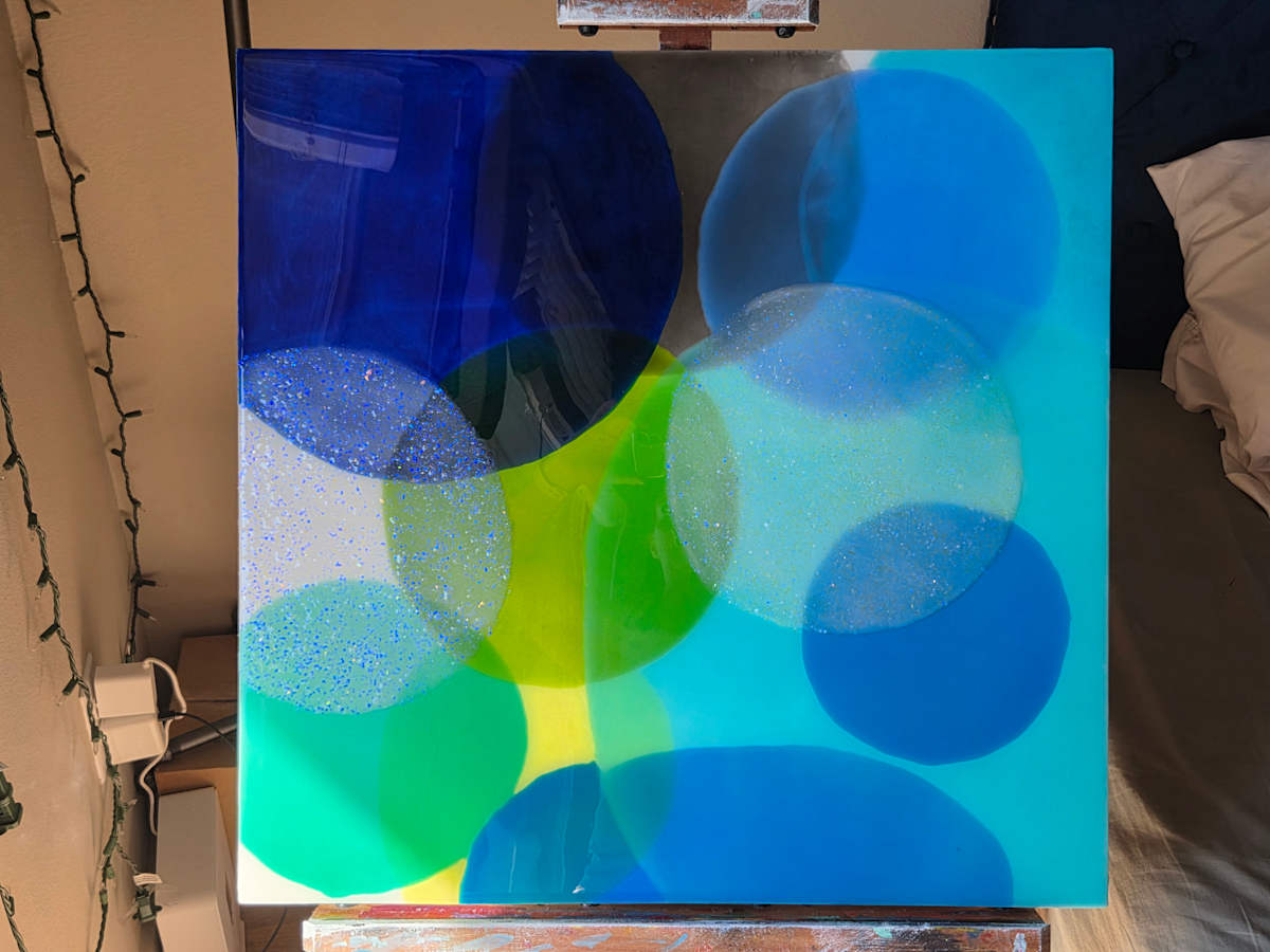 ABSTRACT RESIN CIRCLES IN RICH ULTRAMARINE BLUE, BRIGHT GREEN, & OPAL by Tana Hensley, Image 1.