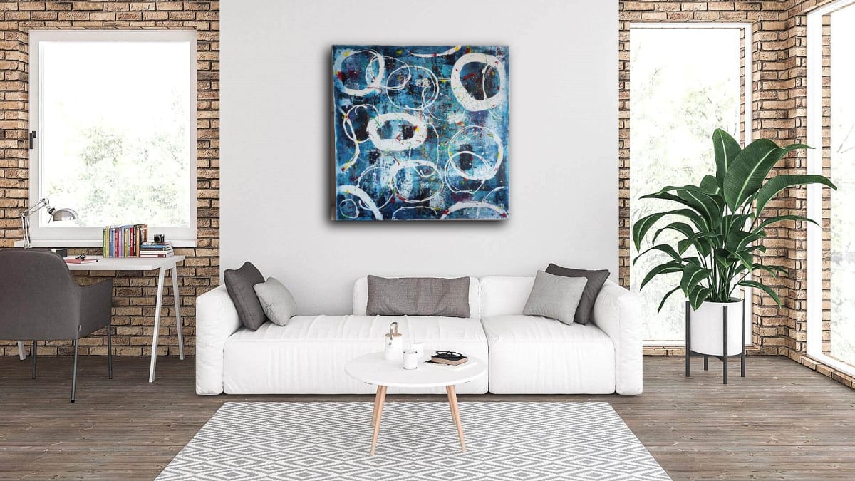 Abstract Blue, White, Magenta, Lime Green, Crush Orange, Lemon Yellow, Pinks, Purples, Turquoise on Canvas Roll w Crackle Ground on Gallery Profile Wood Panel by Tana Hensley, Image 1.