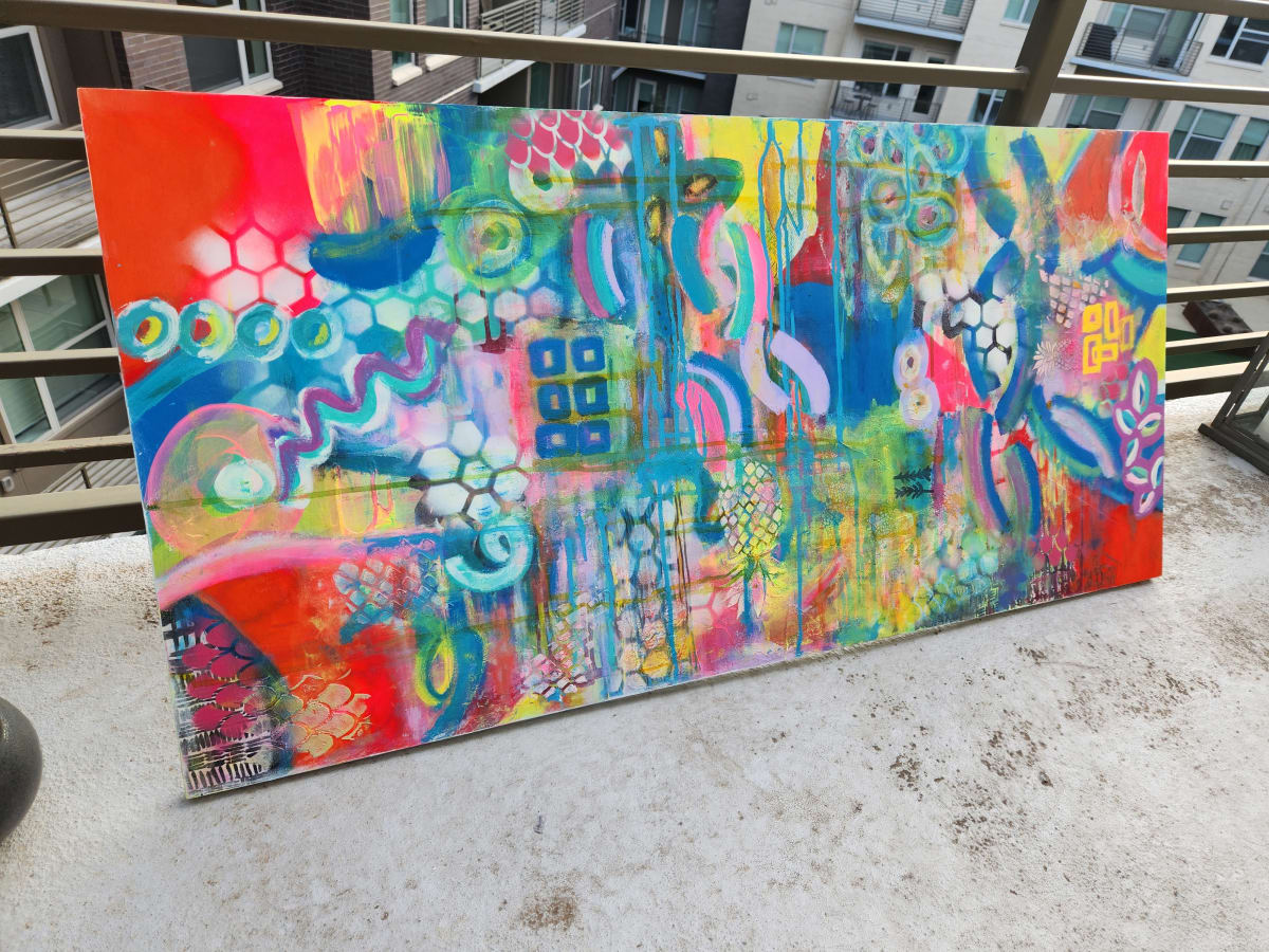 Bright Colorful Graffiti Style Mixed Media Painting on Redwood Board by Tana Hensley 