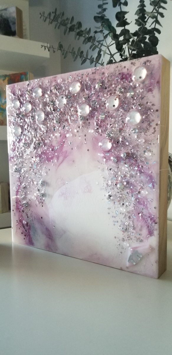 Lavender & Lilac Bling Resin + Glass Art on Wood Panel by Tana Hensley