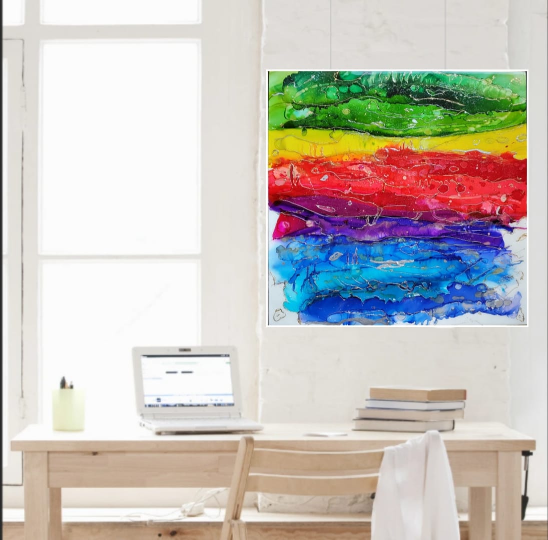 Abstract Resin + Alcohol Ink + Glass Glitter Watercolor Style Rainbow Wall Art, 24"×24" inch Gallery Cradled Wood 