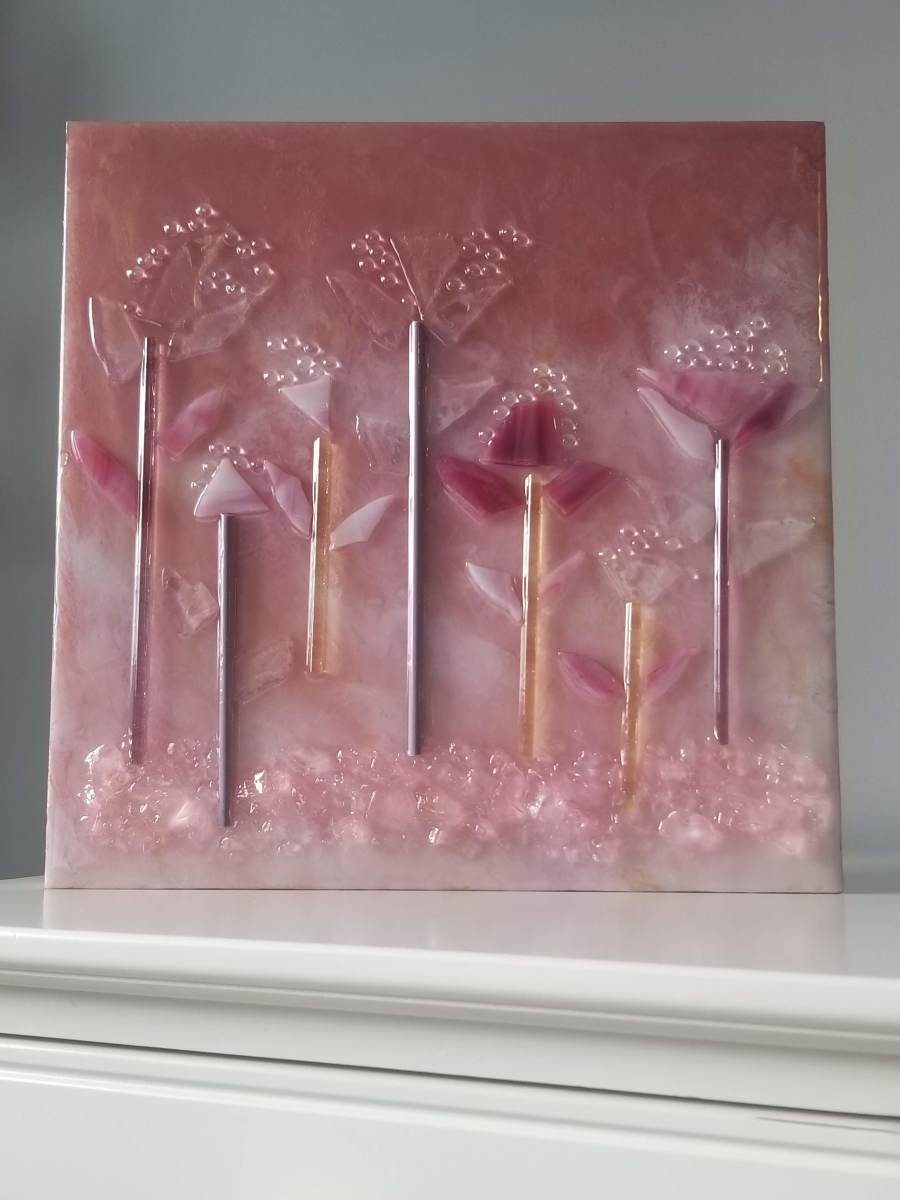 Rose Gold, Pink Glass Flowers, Epoxy Resin Shelf or  Wall Art by Tana Hensley 