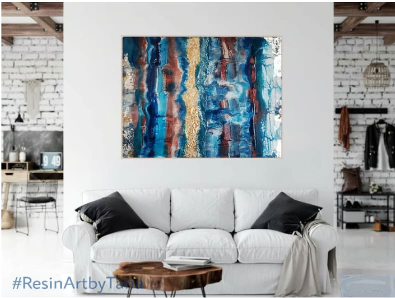 Abstract Resin Art (Metallic Ruby Luster, Blue Diamond Luster, Turquoise Luster w/ Gold, Silver, & Copper Leaf Embellishments) by Tana Hensley, Image 8.