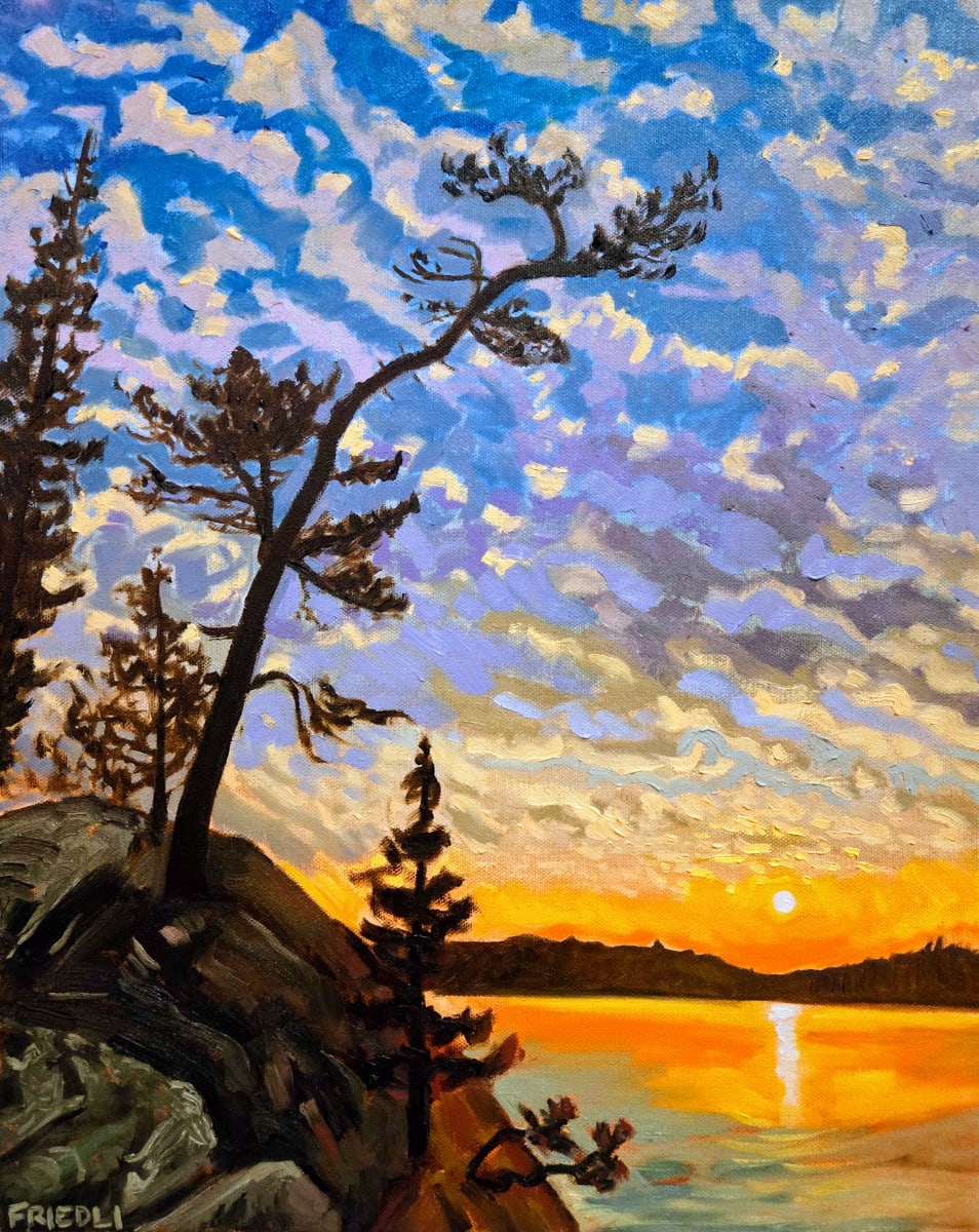 Silhouettes Over Seagull Lake by Heather Friedli  Image: The painting captures a dramatic and serene moment in the Boundary Waters. At the center, a windswept red pine, its branches stretching gracefully, leans over a cluster of rugged boulders. The pine's silhouetted needles contrast strikingly with the fiery hues of the setting sun. The boulders are textured and rich in earthy tones, anchoring the scene with a sense of permanence.

Beyond the boulders, the tranquil lake mirrors the sky's grandeur. The surface of the water shimmers with vibrant oranges and yellows from the sunset, creating a warm, liquid reflection of the sky. Popcorn clouds, fluffy and scattered, float above, painted in shades of soft pink and golden yellow, adding a dynamic element to the tranquil sky.

Bathed in the warm glow of the sunset, with the colors blending seamlessly across the canvas to evoke a sense of peace and awe. The painting beautifully contrasts the solid, enduring presence of the pine and boulders with the ephemeral, shifting beauty of the sunset and lake.