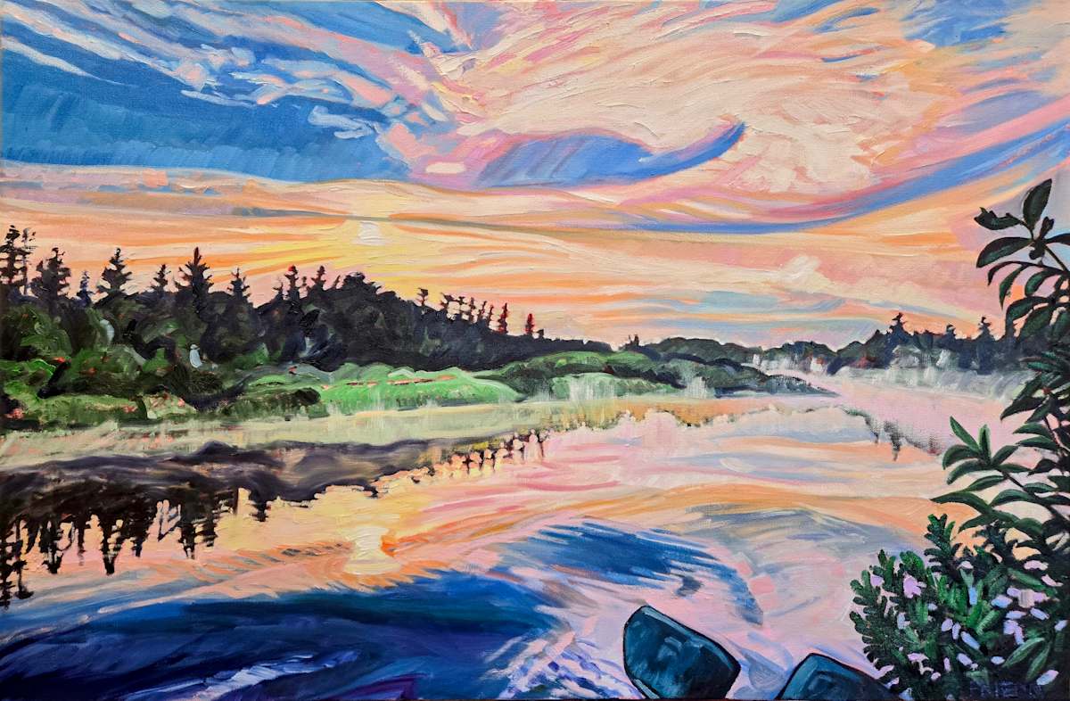 Boundless Morning by Heather Friedli  Image: Across calm misty waters, sun rises through swirled pink clouds. Reflections of the landscape merge deep waters below, awaiting canoe and paddle. 