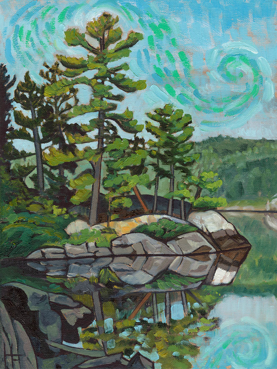 Morning on Saganaga Lake by Heather Friedli  Image: A towering white pine nestles into exposed rock, pine saplings soaking in yellow morning sun. A bluebird sky swirls with imagination and enthusiasm, reflections glisten in still waters.