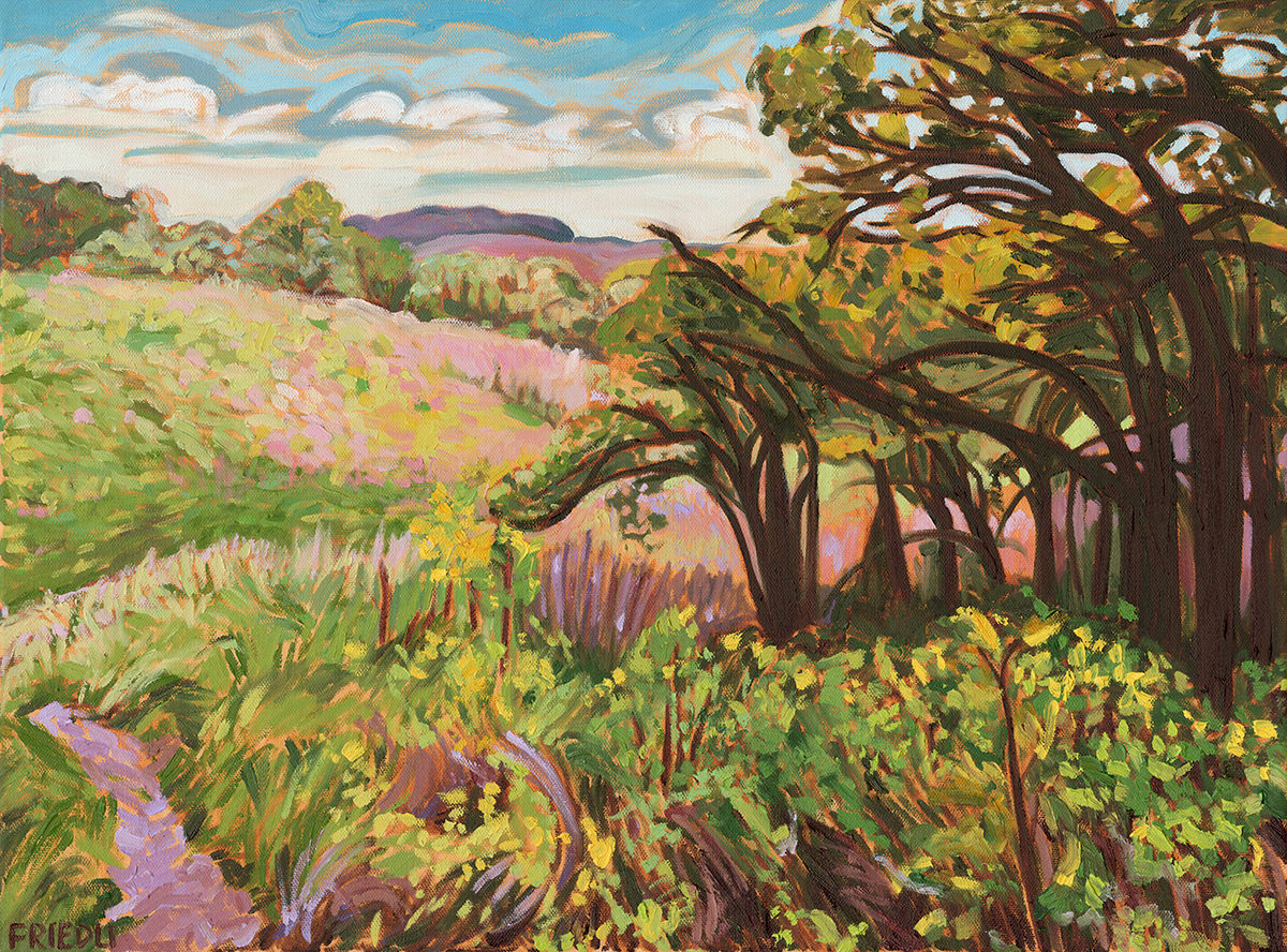 Afternoon Stroll by Heather Friedli  Image: Waving oaks line a meadow path over a hill down into the river valley. Grasses bend in the breeze, while happy cumulous clouds float overhead. Jewel tone grass fades into the distance, leading the way on this sunny day.