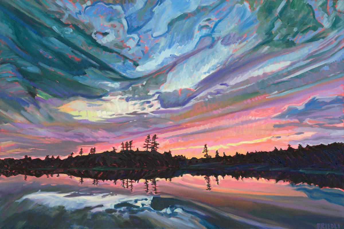 After the Rain by Heather Friedli  Image: Inspired by the Boundary Waters after a rain storm, illuminated reflection of the sunset sky silhouettes trees on the not so distant shore. The water is still, giving clear reflection of the clouds above. Pinks, oranges, yellows peek through phtalo blue clouds and cobalt skies streaked with purple. 