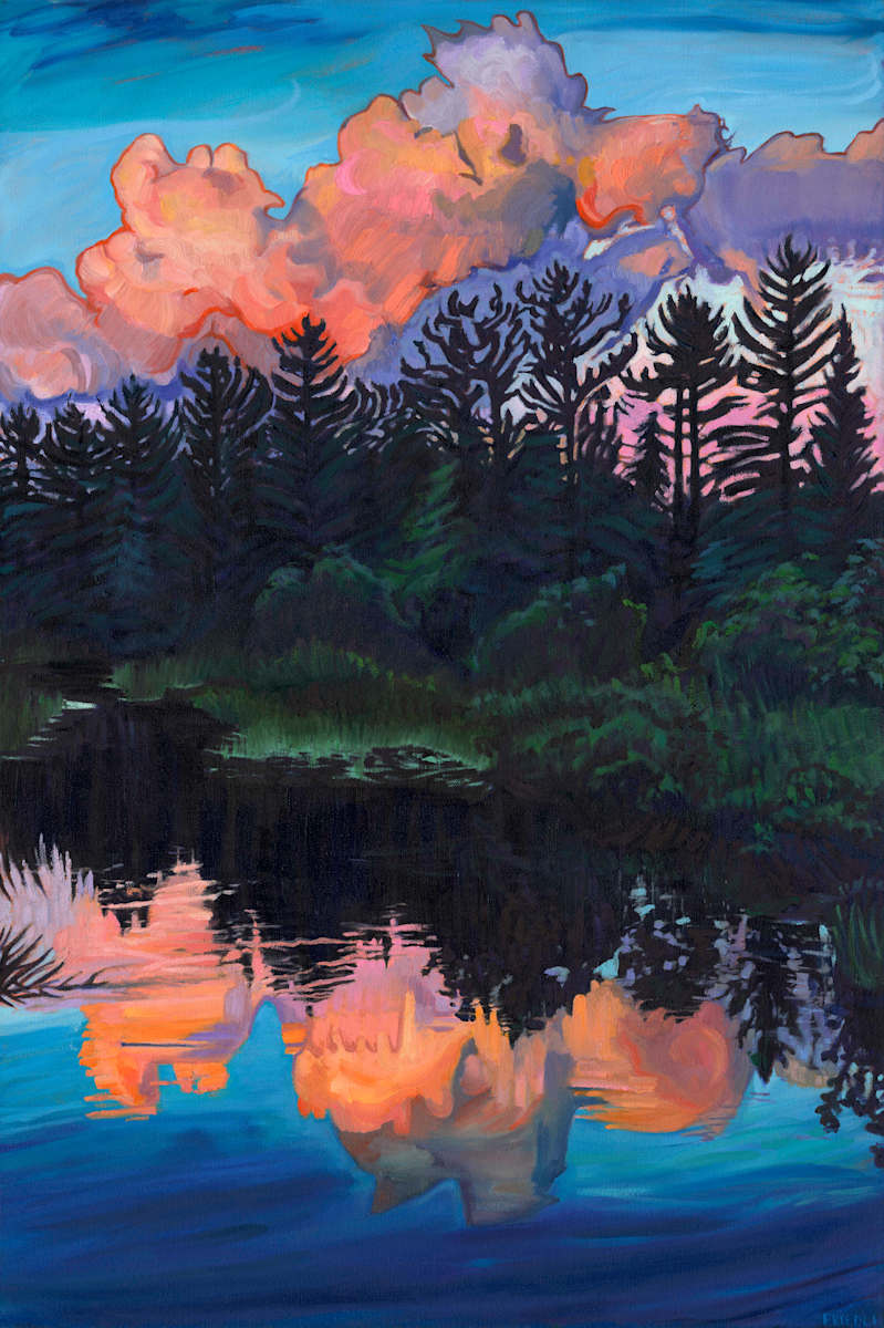 Dusk Reflections by Heather Friedli  Image: Vivid and fiery clouds against a blue Boundary Waters sky, the forest silhouette mirrored in waters below capturing waning sunlight. Drama between stillness and intensity, day and night.
Original reference photo used with permission by Steve Piragis.
Inspired by my Boundary Waters Artventures.