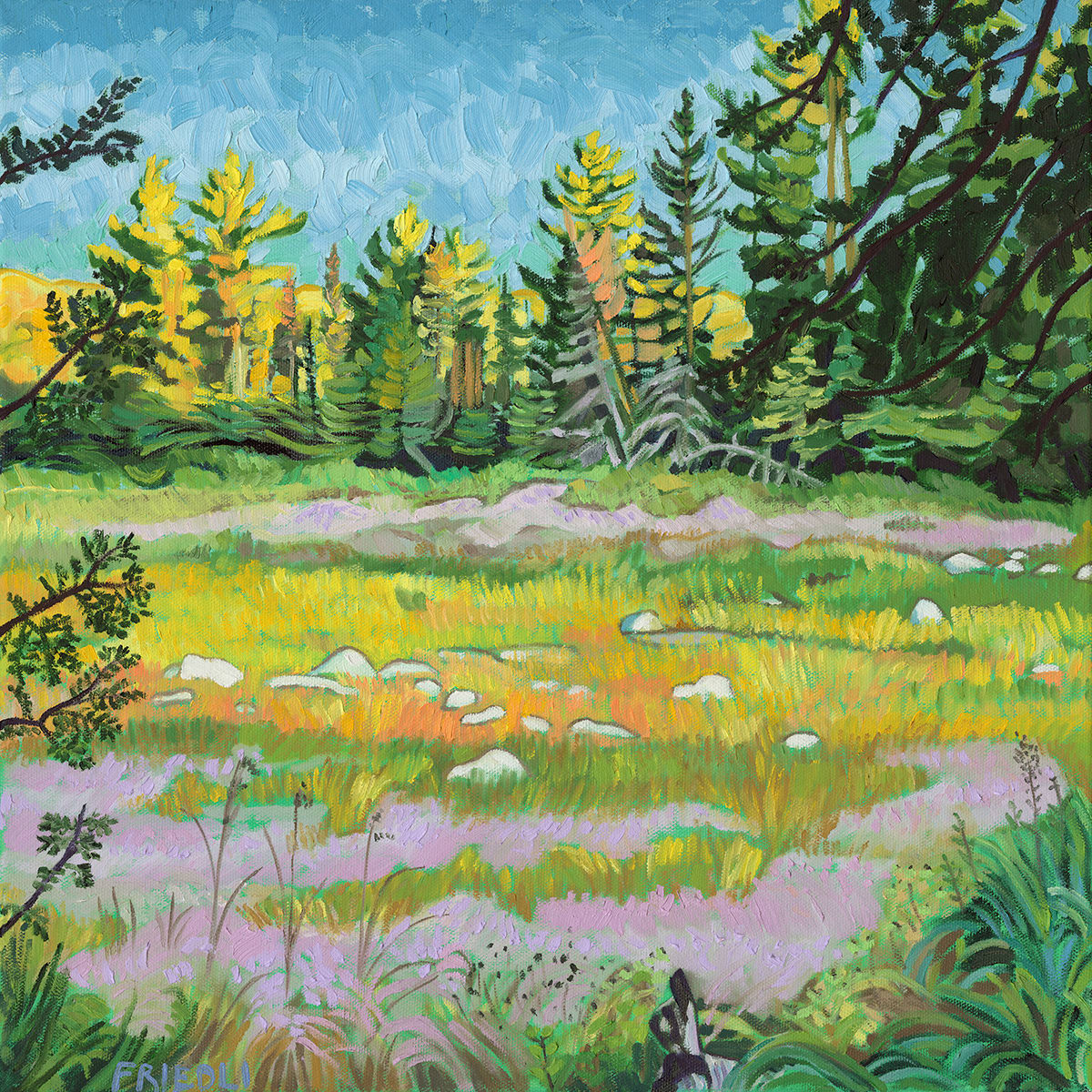 Leaving Caribou Pond by Heather Friedli  Image: Inspired by my adventures on the Superior Hiking Trail this summer, this painting is from a scenic location just south of Caribou Pond. Vivid colors of grass illuminated into iridescence in the morning light. Trees catch lights' first rays, calm daybreak in the land.