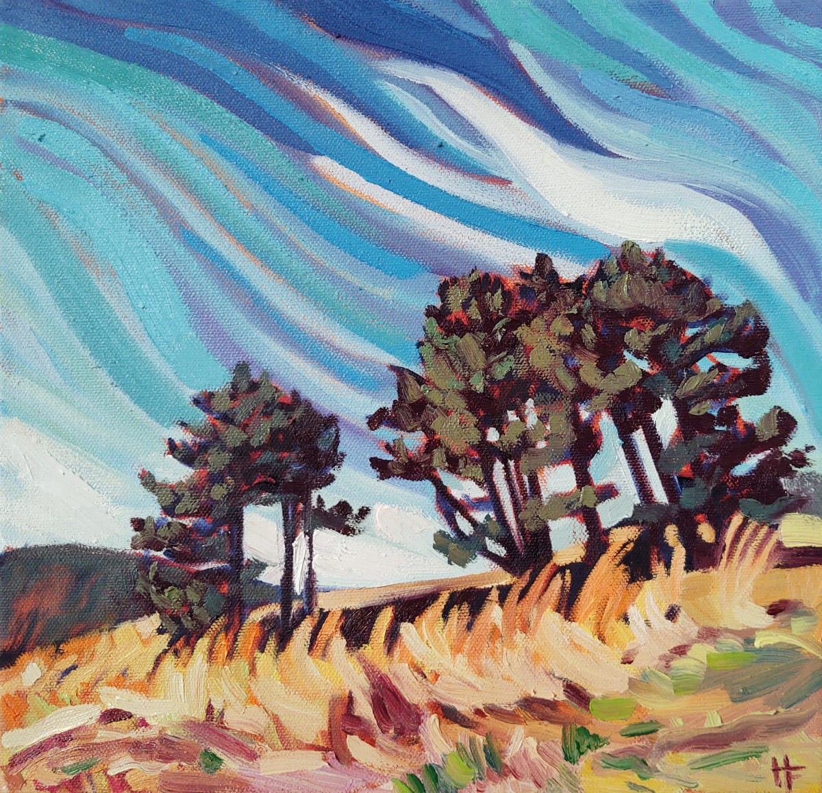 Sleeping Meadow by Heather Friedli  Image: A cluster of sun-lit red pines overlook a sleepy meadow ready to burst forth in anticipation. A brilliant blue sky with wispy clouds shines above. Spring green sprouts poke their heads just below the dry grass, feeling the invigorating warmth of an early spring sun.