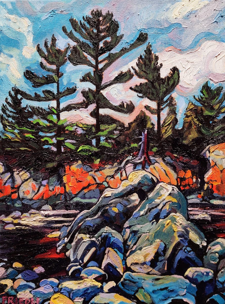 Pipestone Falls  Image: This work is inspired by this summers' Artventure into the Boundary Waters!

As we portaged Pipestone Falls, I was taken aback by its classic Boundary Waters Beauty!

Towering White Pines overlook rocky cliff reaching up to pink tinged sky. Orange lichens highlight jagged boulder beauty. Rippling river races over ancient rocks, mammoth monoliths bathe languidly by the shore exhibiting the cool blues of summer pools and the curvature of glacierized earth.
