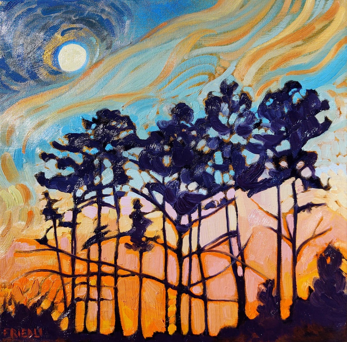 Southern Pines  Image: Tall Southern pines reach up toward moonrise. Branches aloft, sugar-rays leap over horizon, one last show a rainbow glow. Dreamy clouds float above the trees, spirits lifting off in golden symphony.