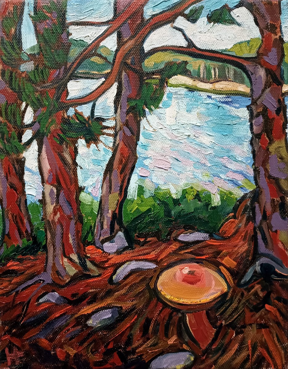 Mushroom View by Heather Friedli  Image: A lowly mushroom grows amongst red pine giants in the Northwoods. A lake laps nearby, sweet serenity.