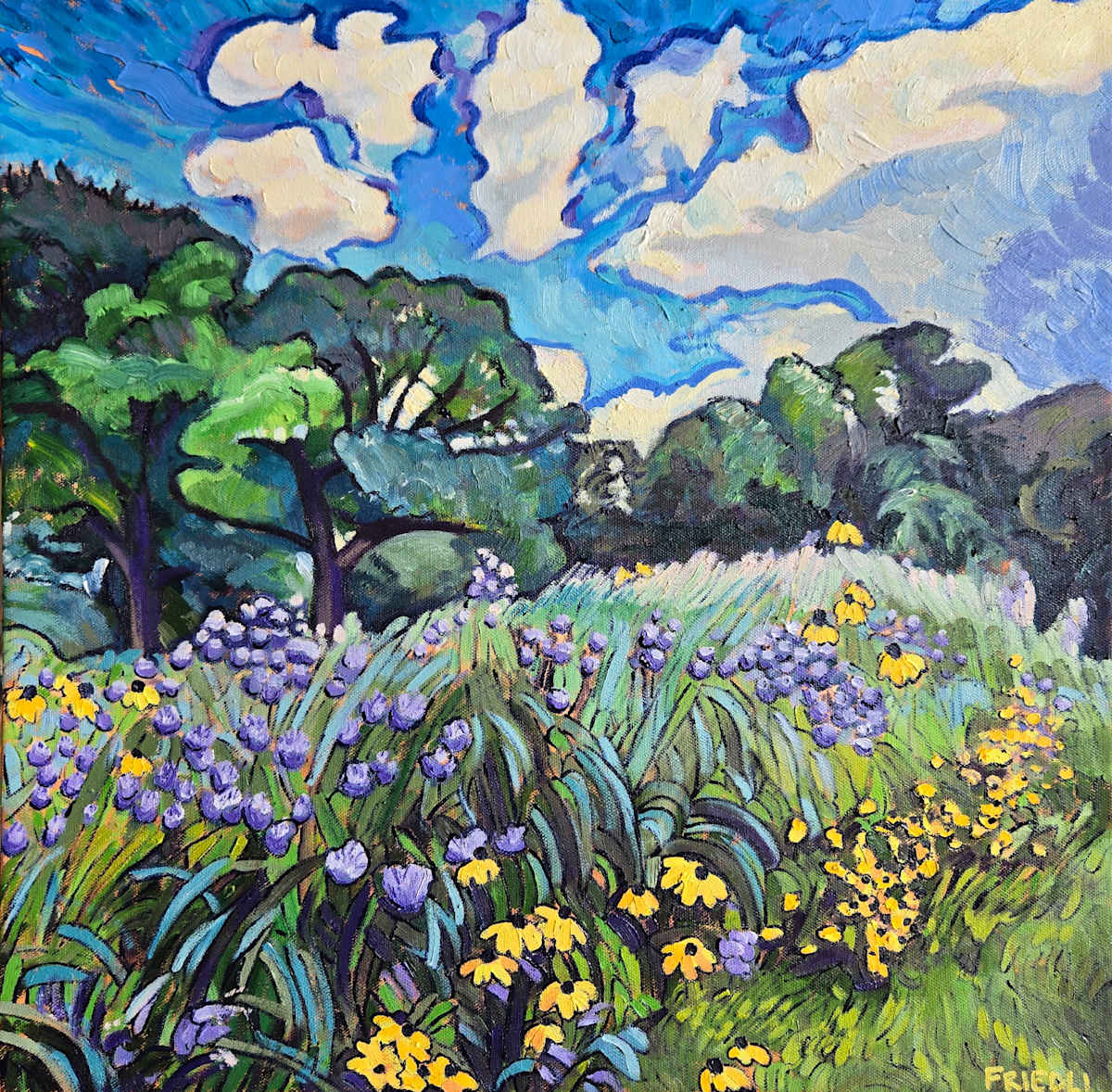 Summer Blooms by Heather Friedli  Image: Lovely flowers peek through tall summer grasses, waving in the breeze. Purples and yellows nod their heads as blissfully calm clouds float above. Summer greens abound, beautiful oak trees surround a lively meadow basking in mid-day glow.