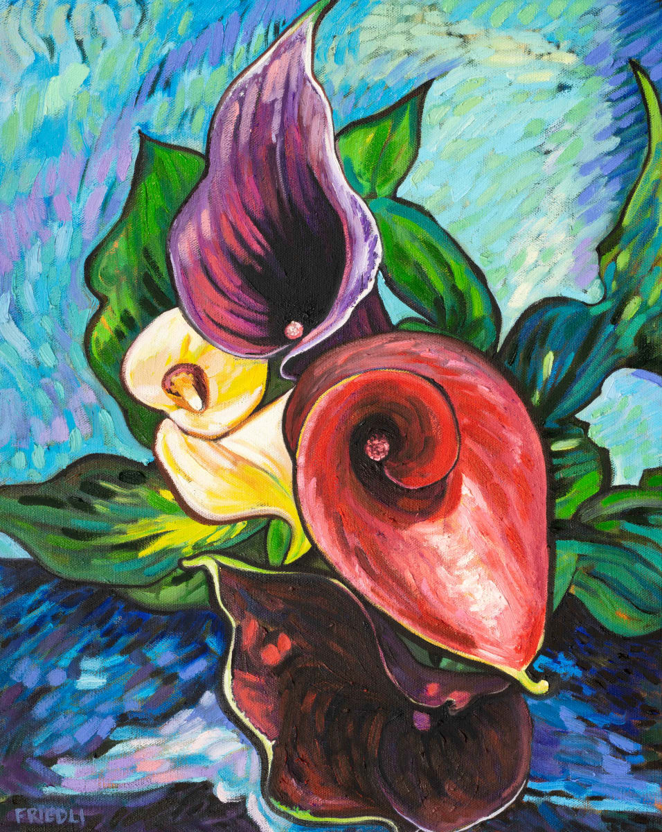 En Fleurs à Nouveau  Image: Bright and playful calla lily blooms burst forth into space, a complimentary to its' blue-green surrounding. Impasto brushwork highlights the scene with bold line work.

"En fleurs à nouveau" means "In bloom again" in French as calla lilies are prolific and steadfast flowerers. The title also represents the rebirth we are all experiencing post pandemic, re-discovering ourselves changed with new lease on life and vigor!