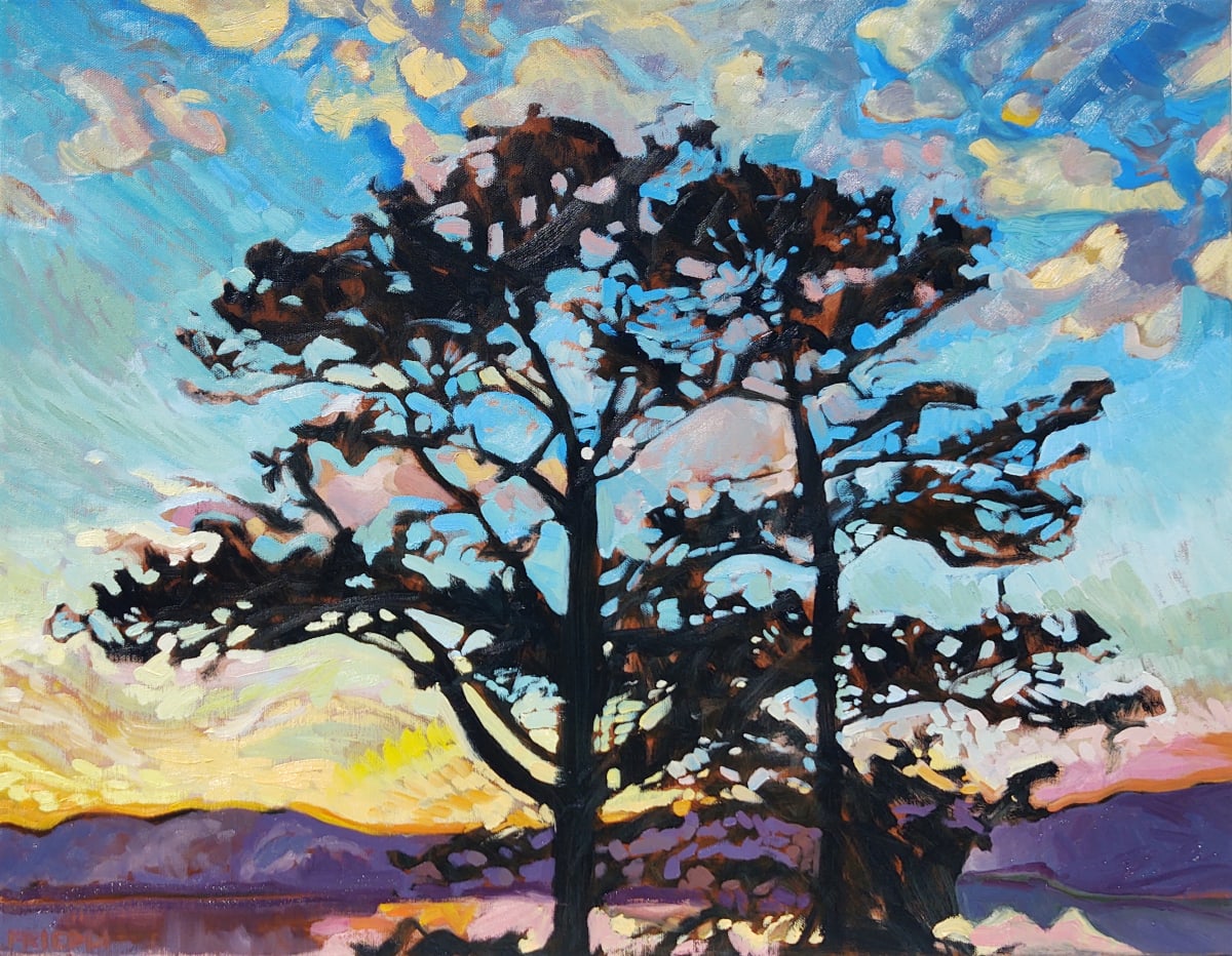 Virginia Sunset by Heather Friedli  Image: Twin pines nuzzle in tender embrace, an inviting sunset dashes colorful sky. Clouds reflect hues of the setting sun- yellows and pinks, purples and oranges. A placid estuary gleams, purple hills in the distance.
