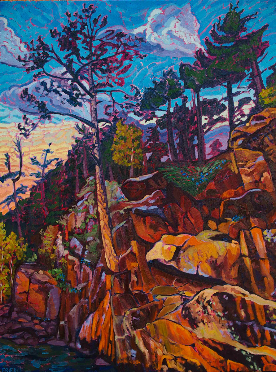 Resilience by Heather Friedli  Image: A solitary red pine commands an audience of white pines and other trees as it makes it's home amongst on the rocks. Blue Flax flowers nestle into the fissures, silhouetting the tree against the gloaming sunset.