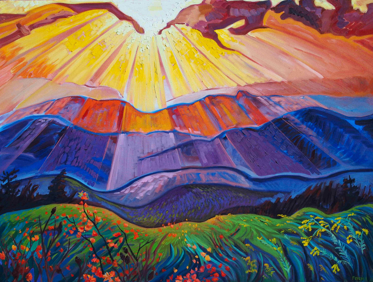 The Beauty Spot by Heather Friedli  Image:  Red rays as sunbeams flit in and out of clouds, illumining the undulating mountain range below. Plentiful rhododendrons encircle with waving stalks of goldenrod.