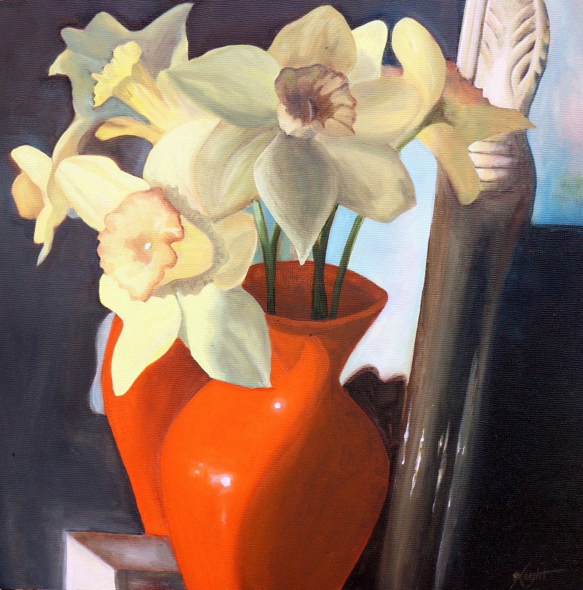 Narcissus in Orange Vase with Mirror by Emma Knight 