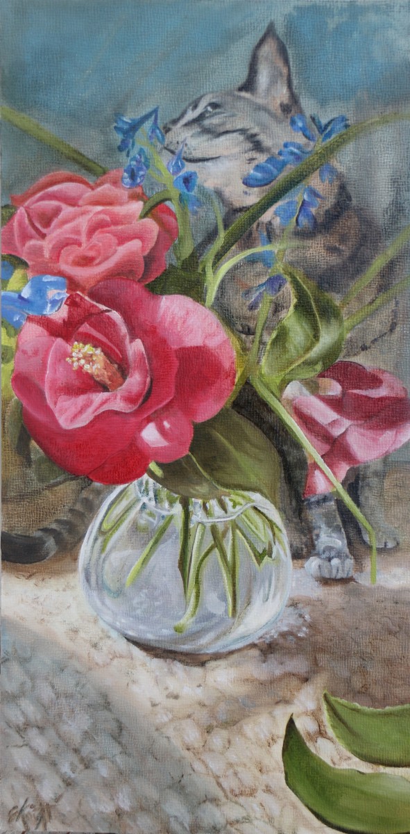 Cat, Camelias, and Delphiniums by Emma Knight 