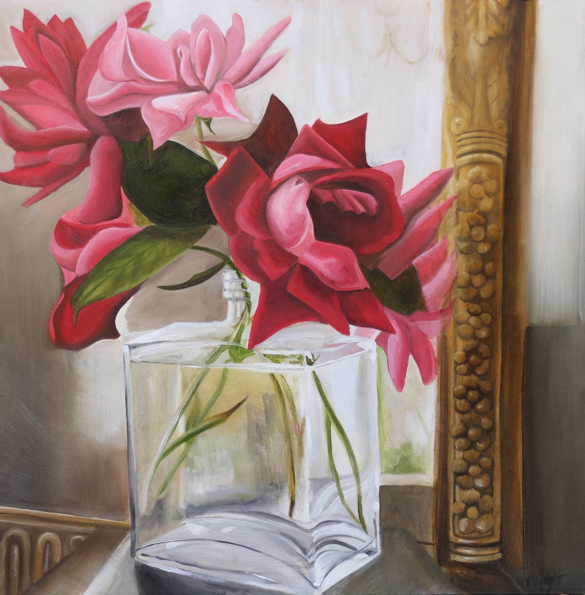 Roses in Glass Bottle by Emma Knight 