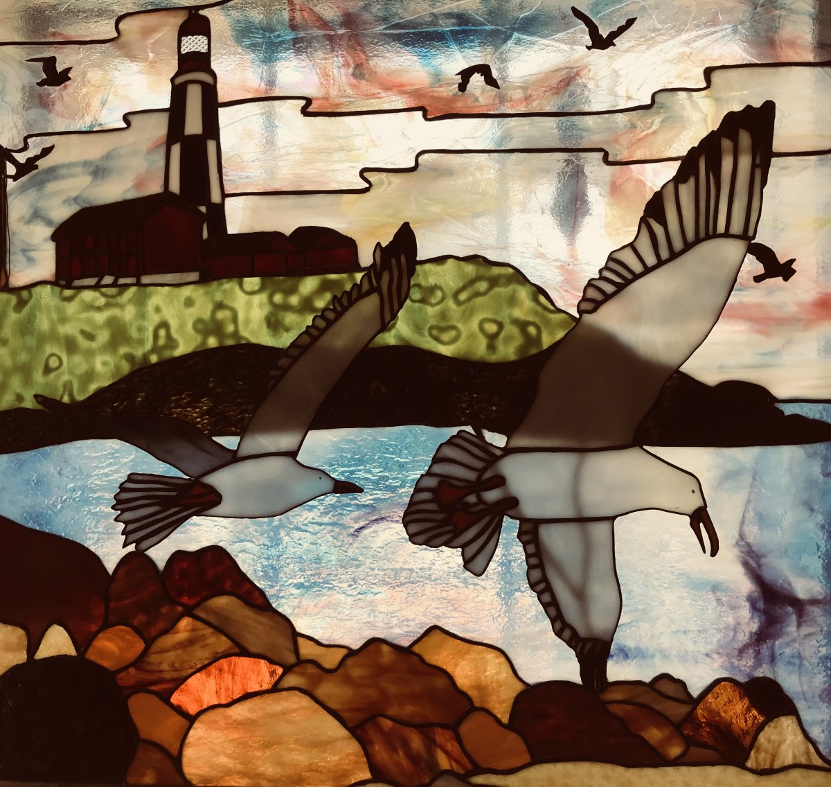 Seagulls with Lighthouse by Pat Conway 