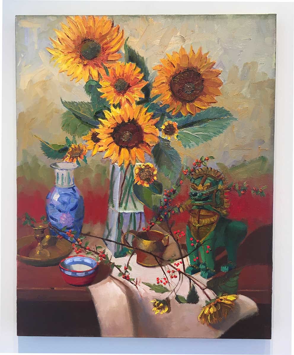 Sunflowers and Foo Dog by James Cobb 