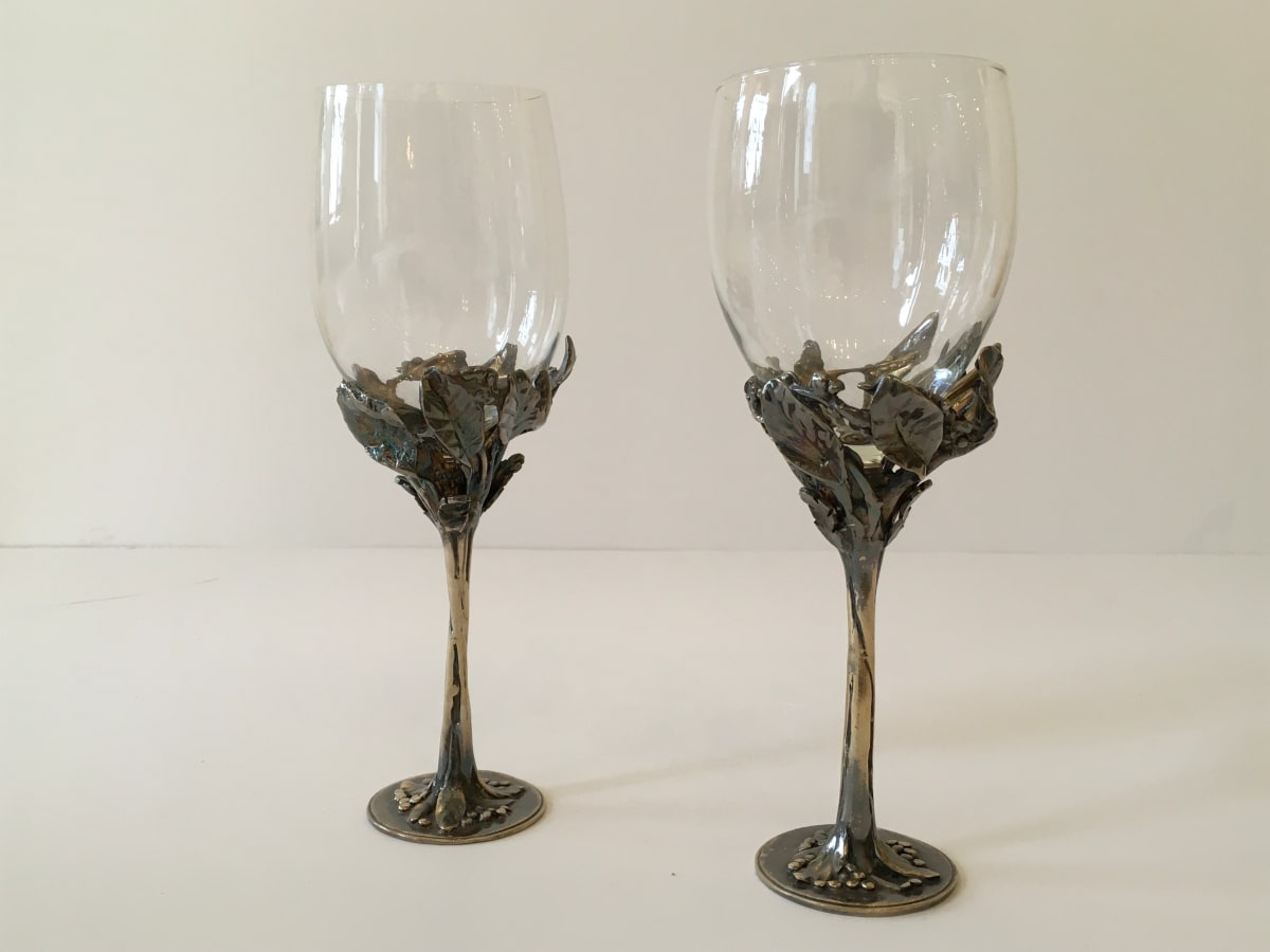 1980s Castor Cooper Pewter Stem Wine Glasses- Set of 6