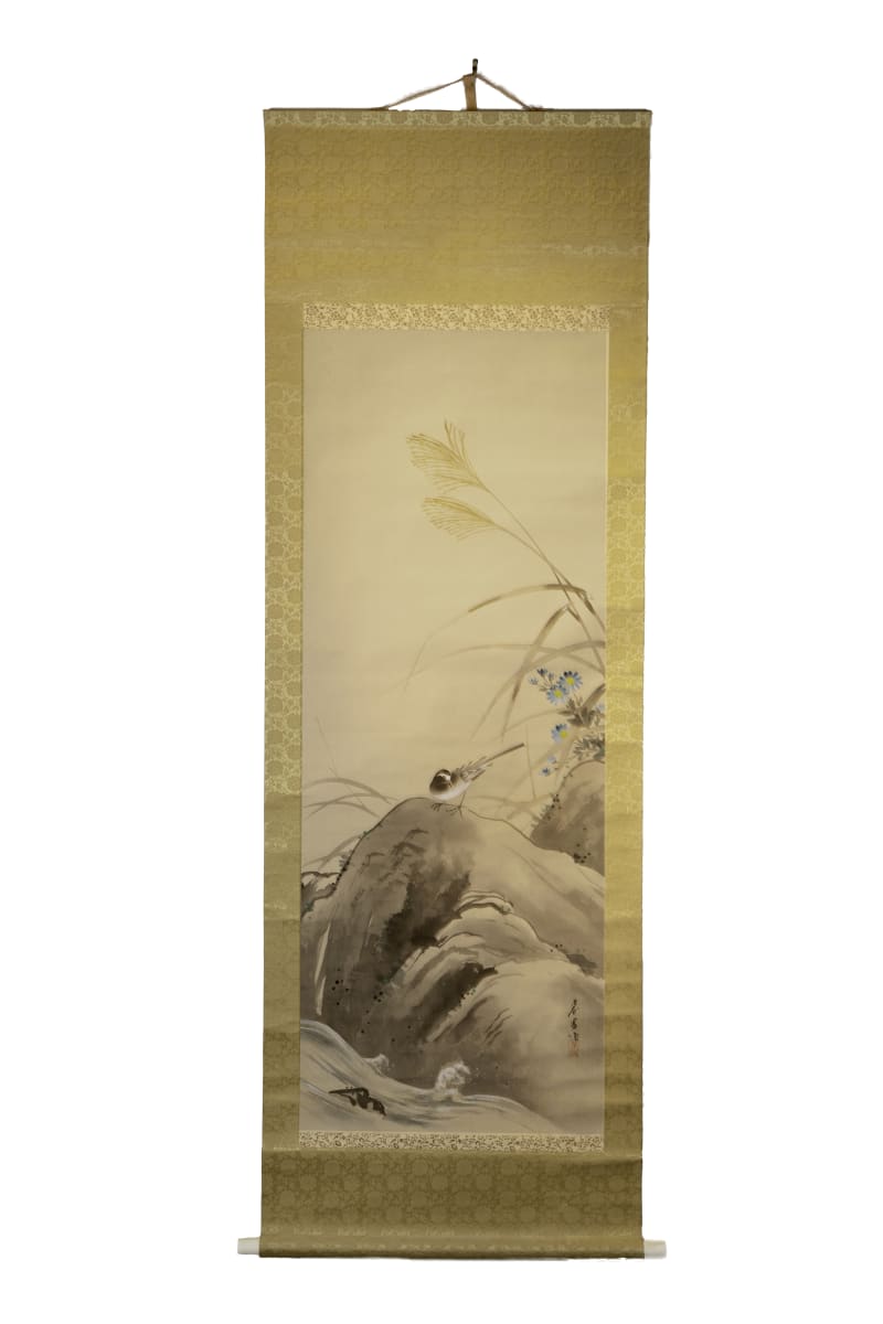 Chinese Antique Scroll– Bird on Rock with Blue Flowers by Unknown 