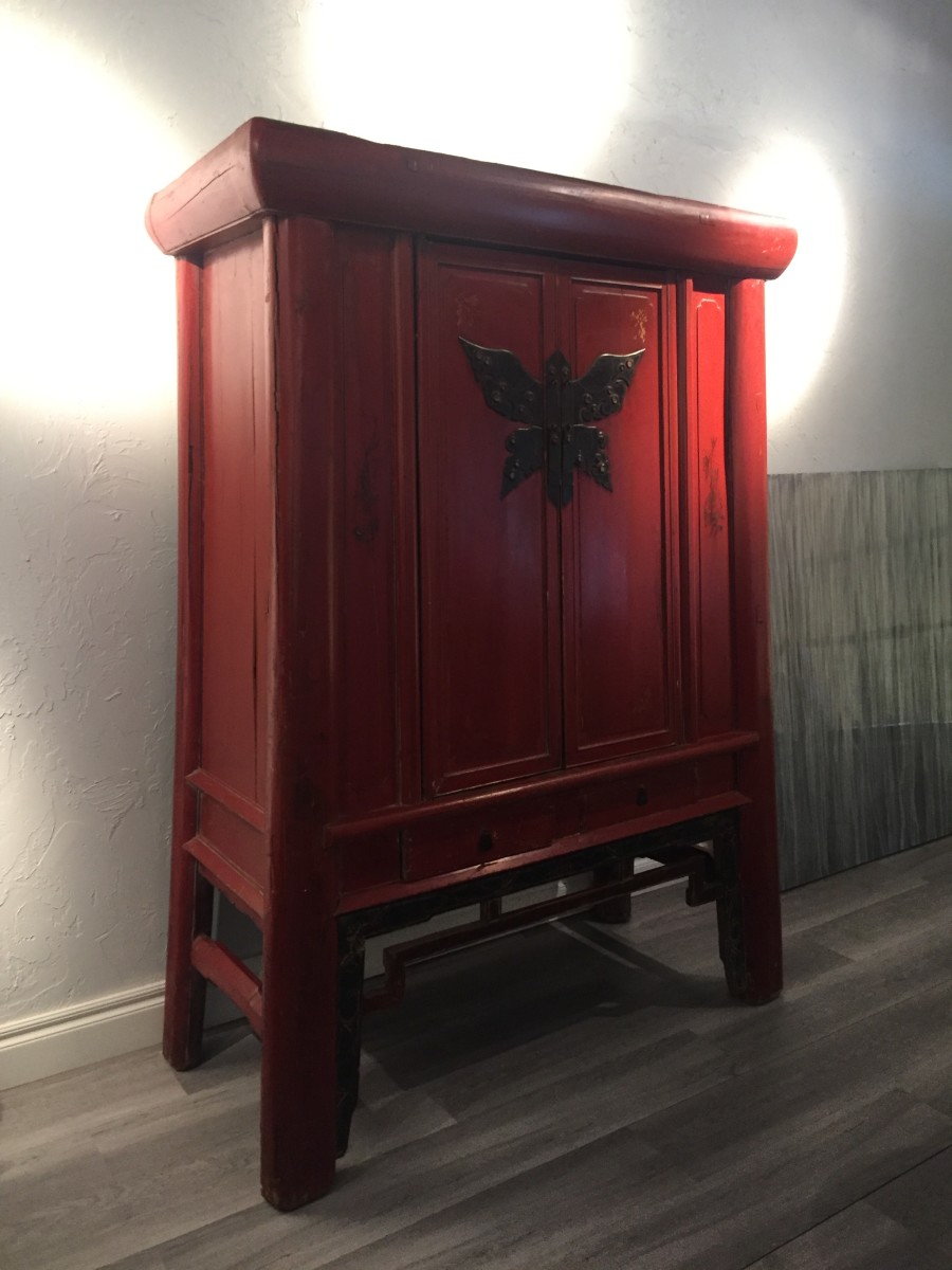 200-Year-Old Antique Chinese Red Wooden Cabinet by Unknown 