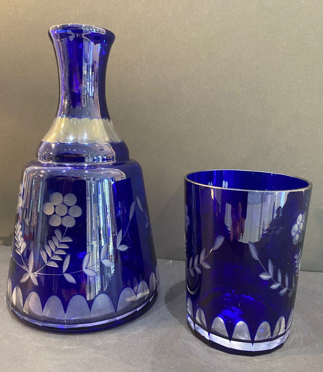 Blue Cut Crystal Water Carafe and Tumbler Glass by Unknown 