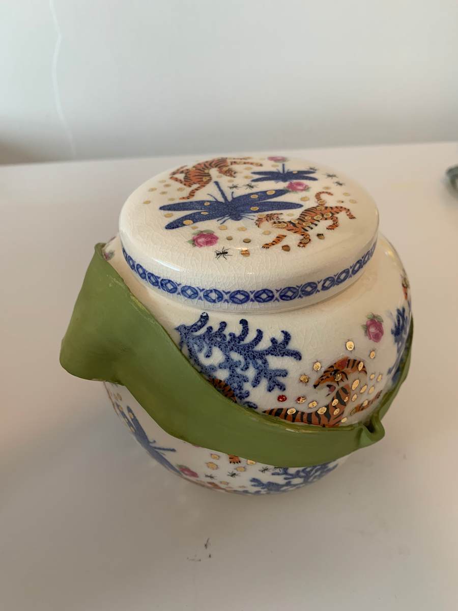 Waltzing Tigers with Pink Roses Ginger Jar by Roger Runge 