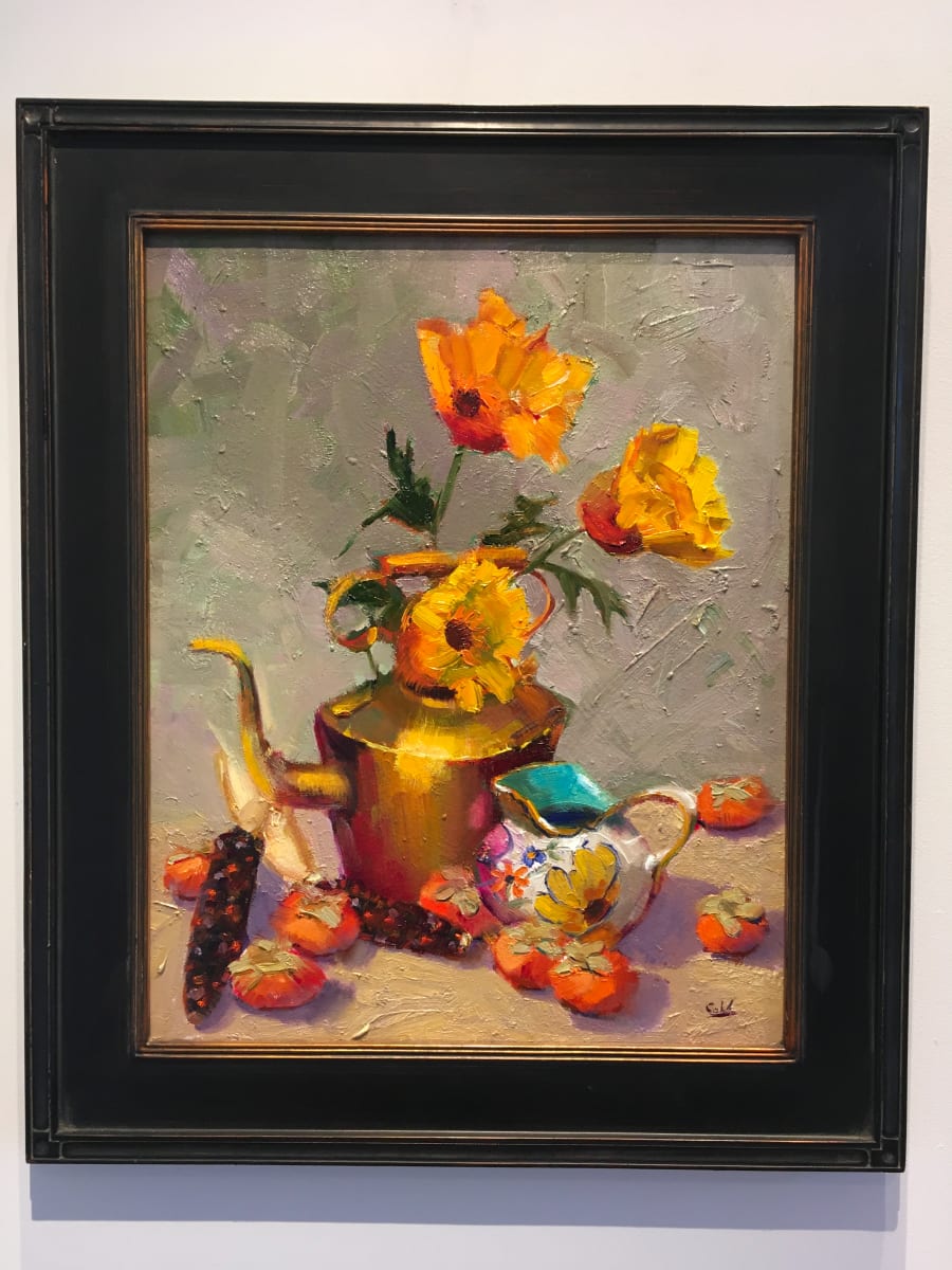 Brass Teapot, Persimmons and Poppies by James Cobb 