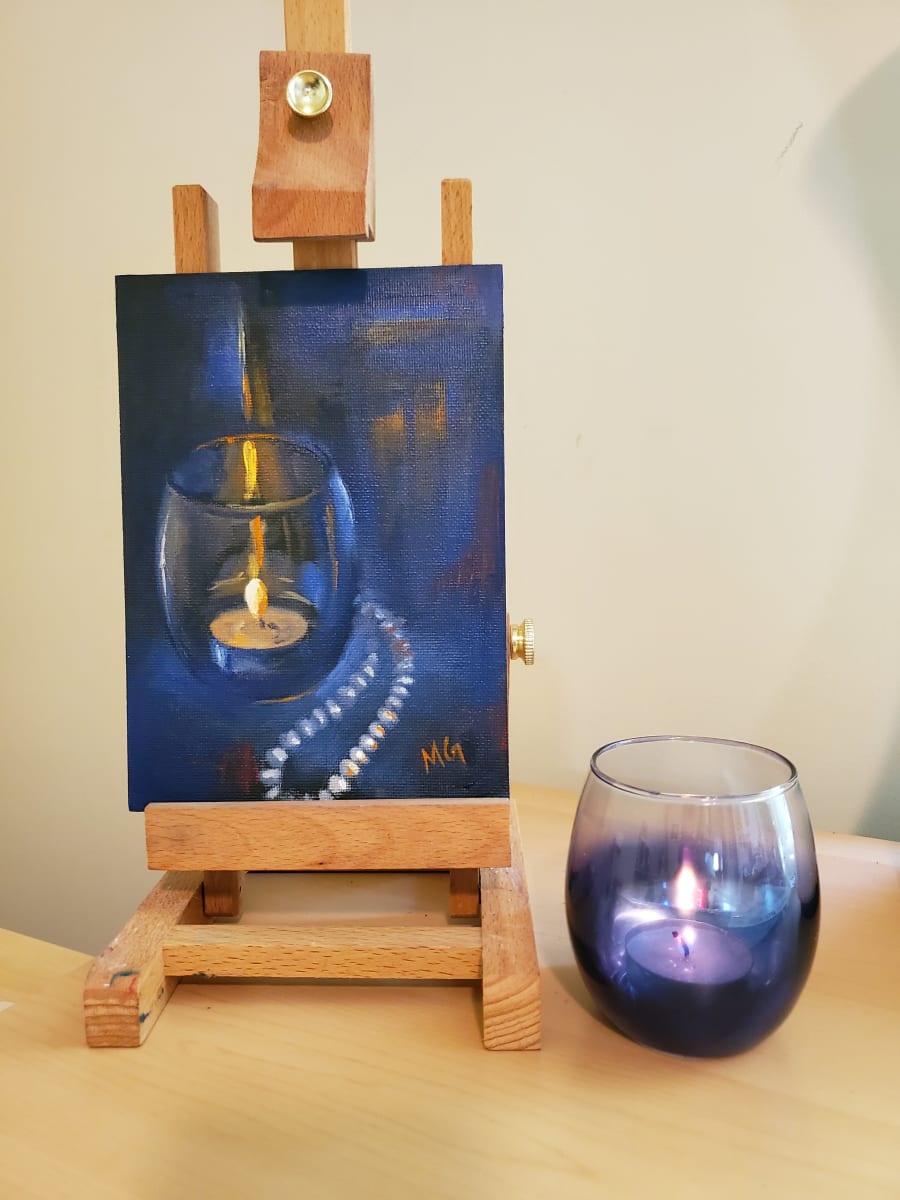 Candle and Pearls - Oil Painting in Silver Frame by Monika Gupta 