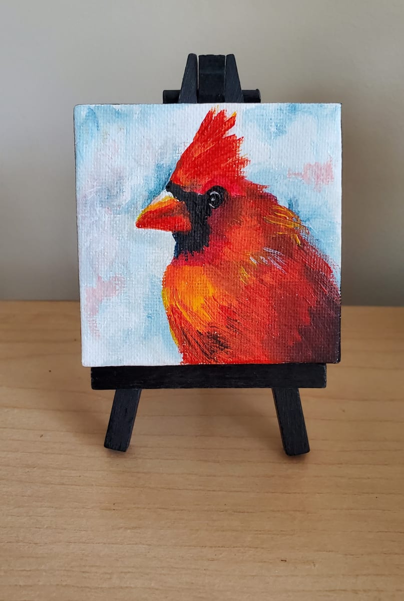 Mini Canvas with Easel - Red Cardinal by Monika Gupta 