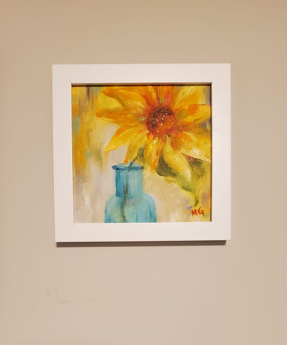Sunflower in Blue Vase by Monika Gupta  Image: Can be hung on a wall