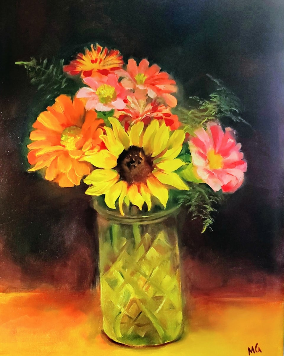 Colors of Life - Floral Oil Painting in Golden Frame by Monika Gupta 