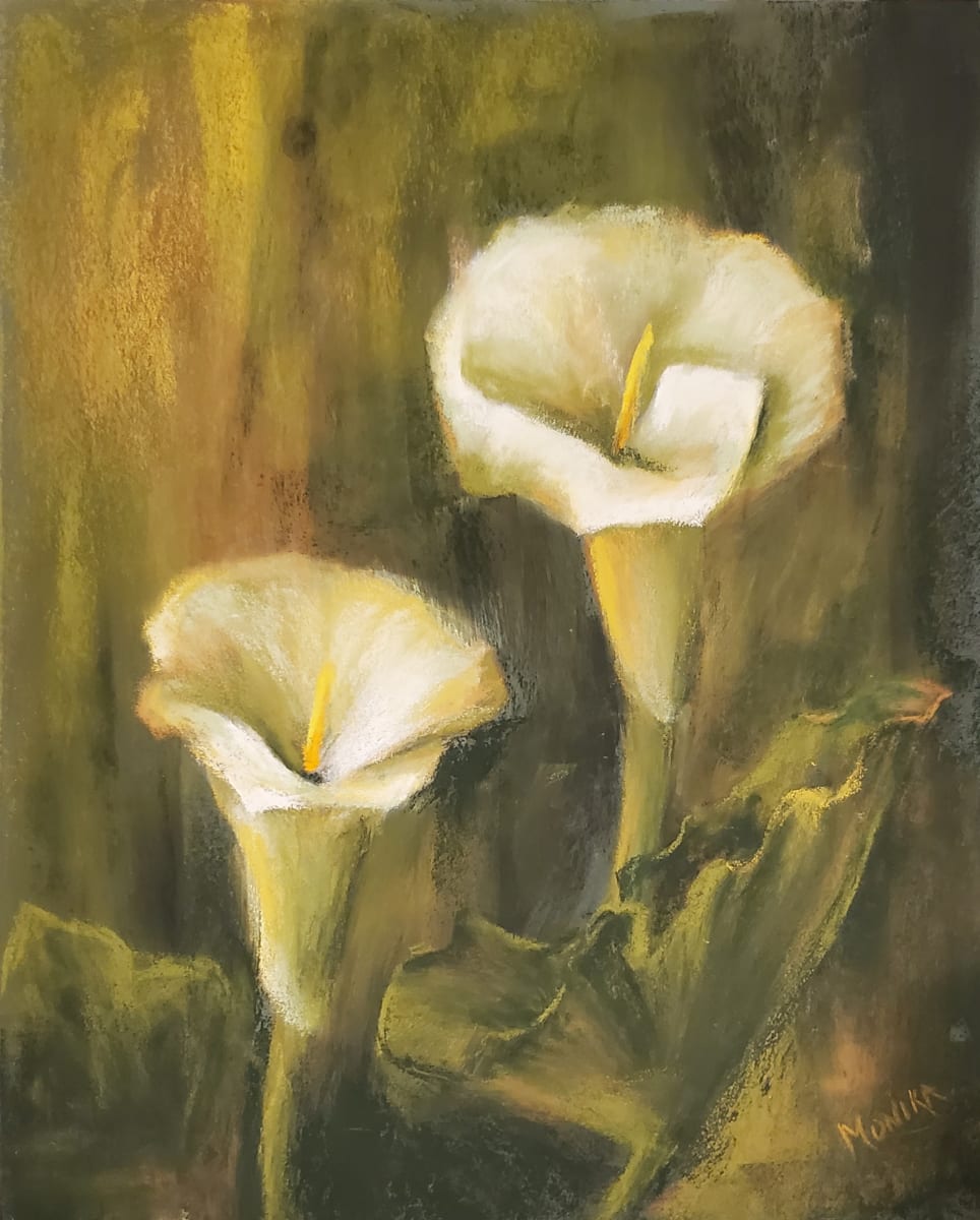 Lily Buddies by Monika Gupta  Image: Pastel painting of two lovely lily flowers painted en plein air