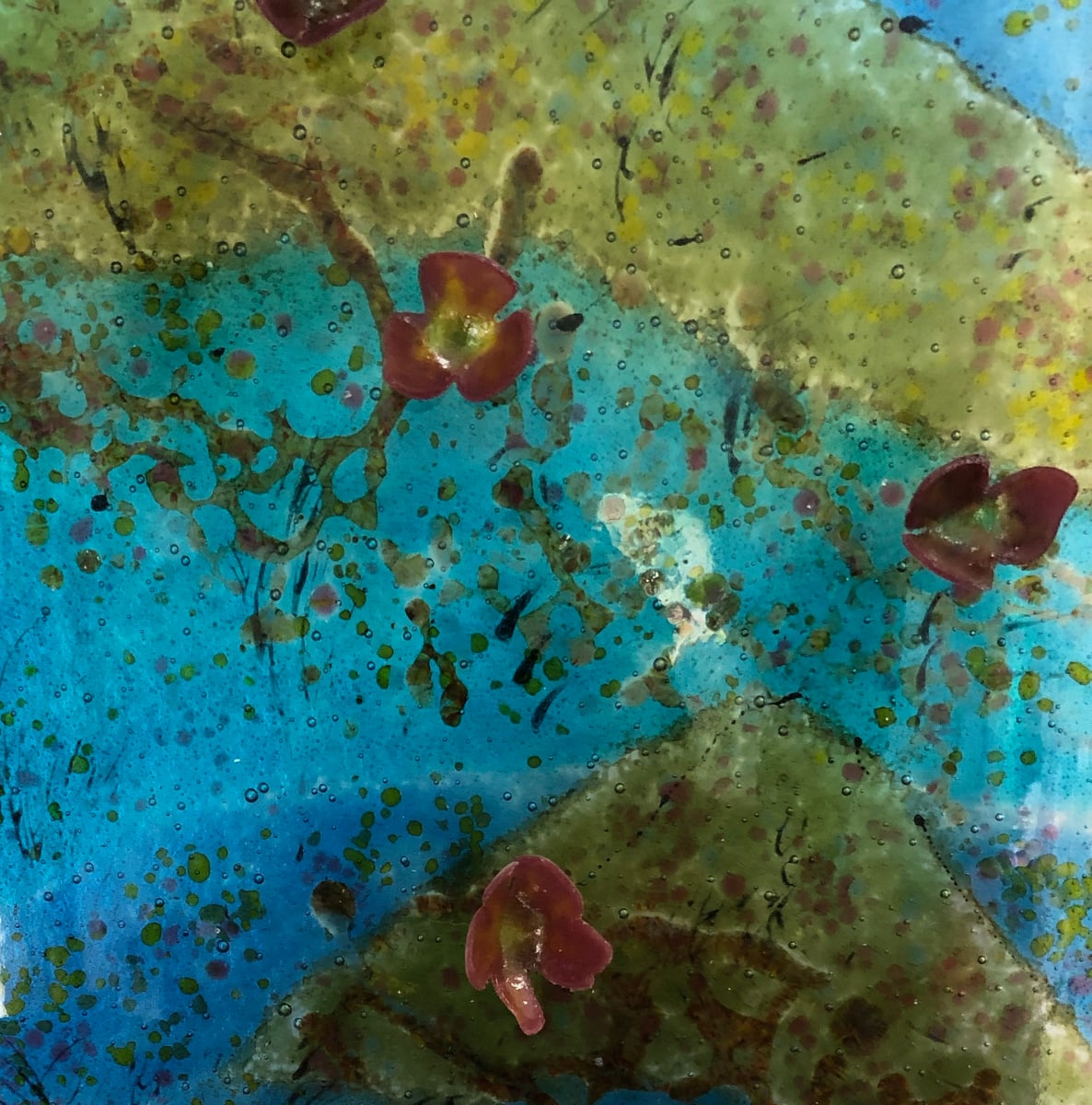 After the Rain by Nancy Gong  Image: Detail of "After the Rain"
Fused and kiln formed glass with vitreous paint, aluminum and mahogany