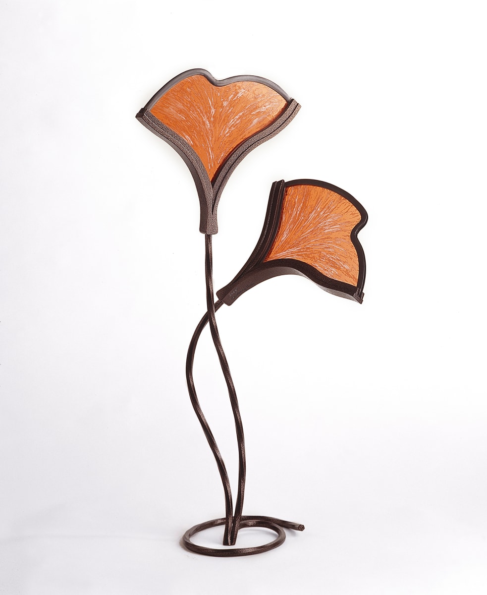 Gingko by Nancy Gong  Image: "Gingko" from the Character Series. Graceful twisted stems of steel with adjustable heads of etched blown flashed glass and cast glass jewels.