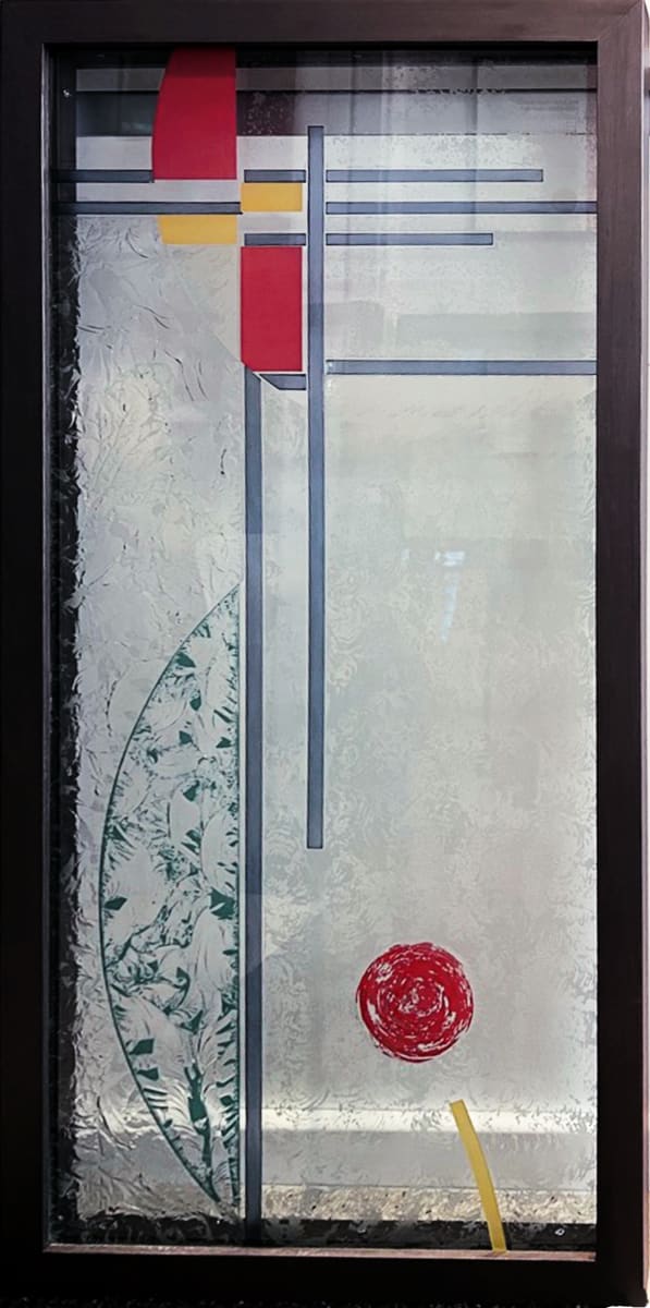 Untitled Etched and Painted by Nancy Gong  Image: Shown in vertical format, hand chipped etched and painted glass. Background is mainly transparent.