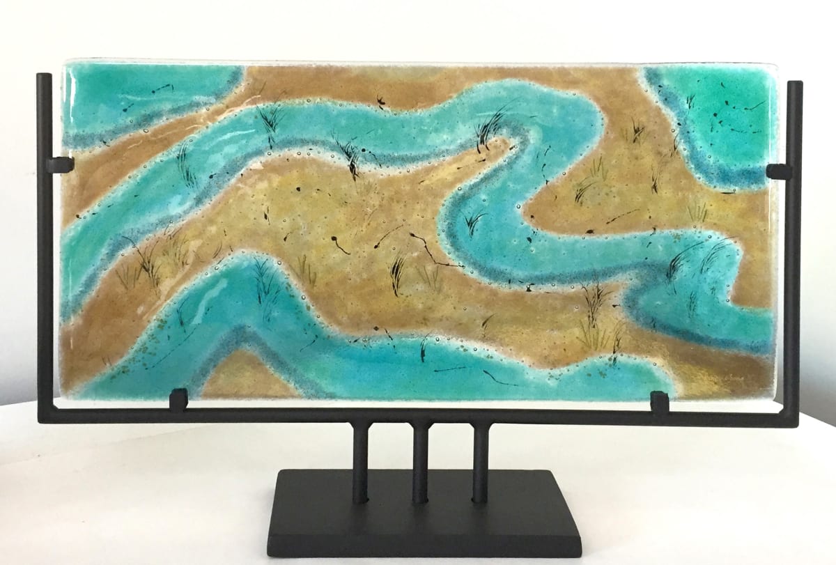 "Wetlands"  Image: "Wetlands" 
Fused and kiln formed glass with vitreous paint. Shown in a stand. Option for off the wall display.