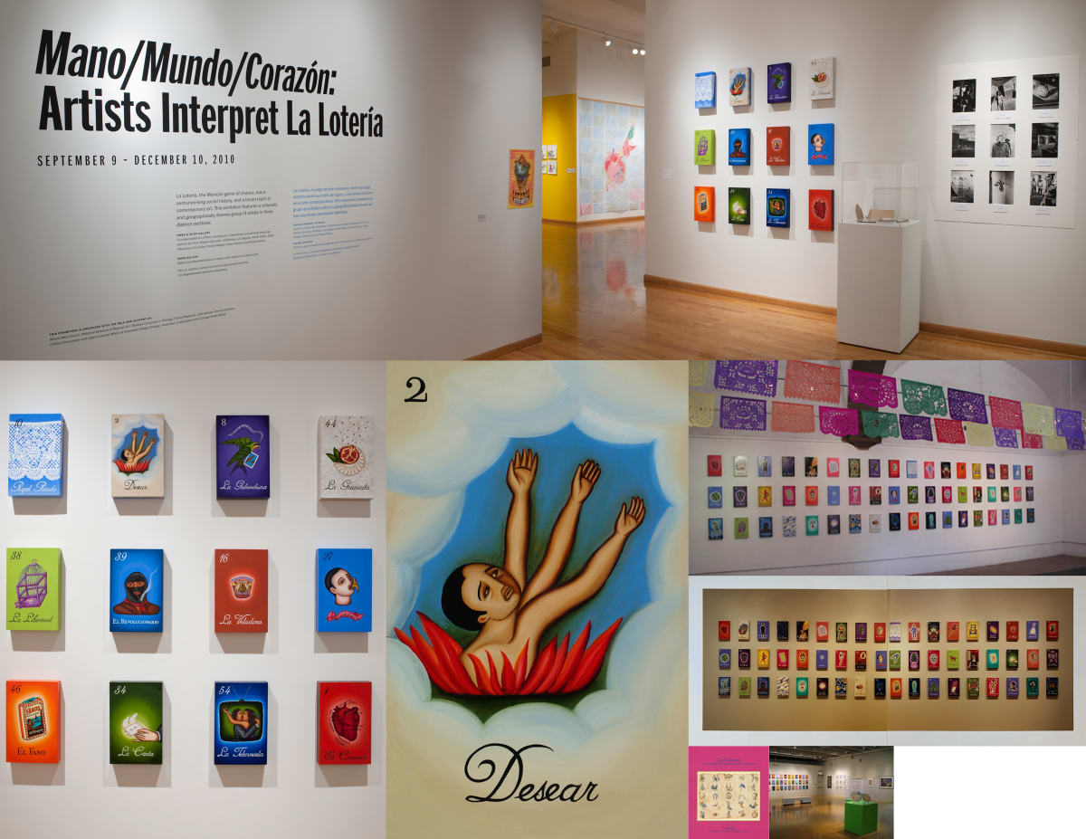 La Loteria: An Exploration of Mexico an installation of 54 paintings by Teresa Villegas  Image: Photos of some of the various venues that exhibited this work. Chicago, SMA, Guanajuato, MX, Sioux City Iowa 