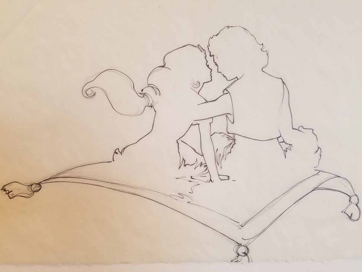 Aladdin Concept Drawing, Aladdin and Jasmine on Carpet by John Alvin, Image 1.