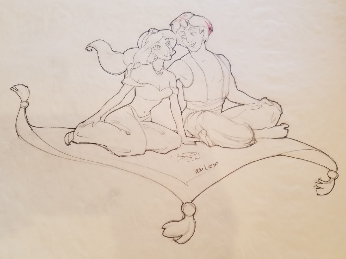 Aladdin Concept Drawing, Detailed Couple on Carpet by John Alvin, Image 1.