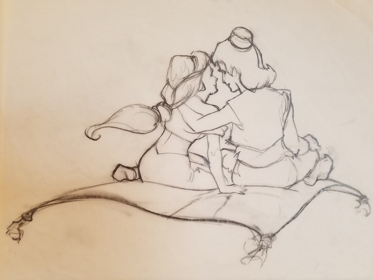 Aladdin Concept Drawing, Detailed Couple on Carpet by John Alvin, Image 1.