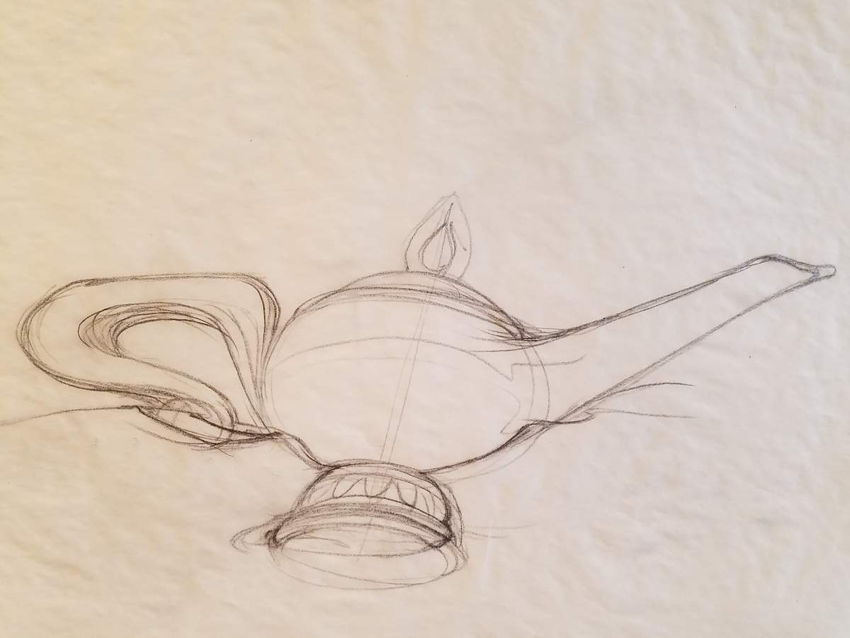Aladdin Concept Drawing, Lamp Rough Sketch by John Alvin, Image 1.