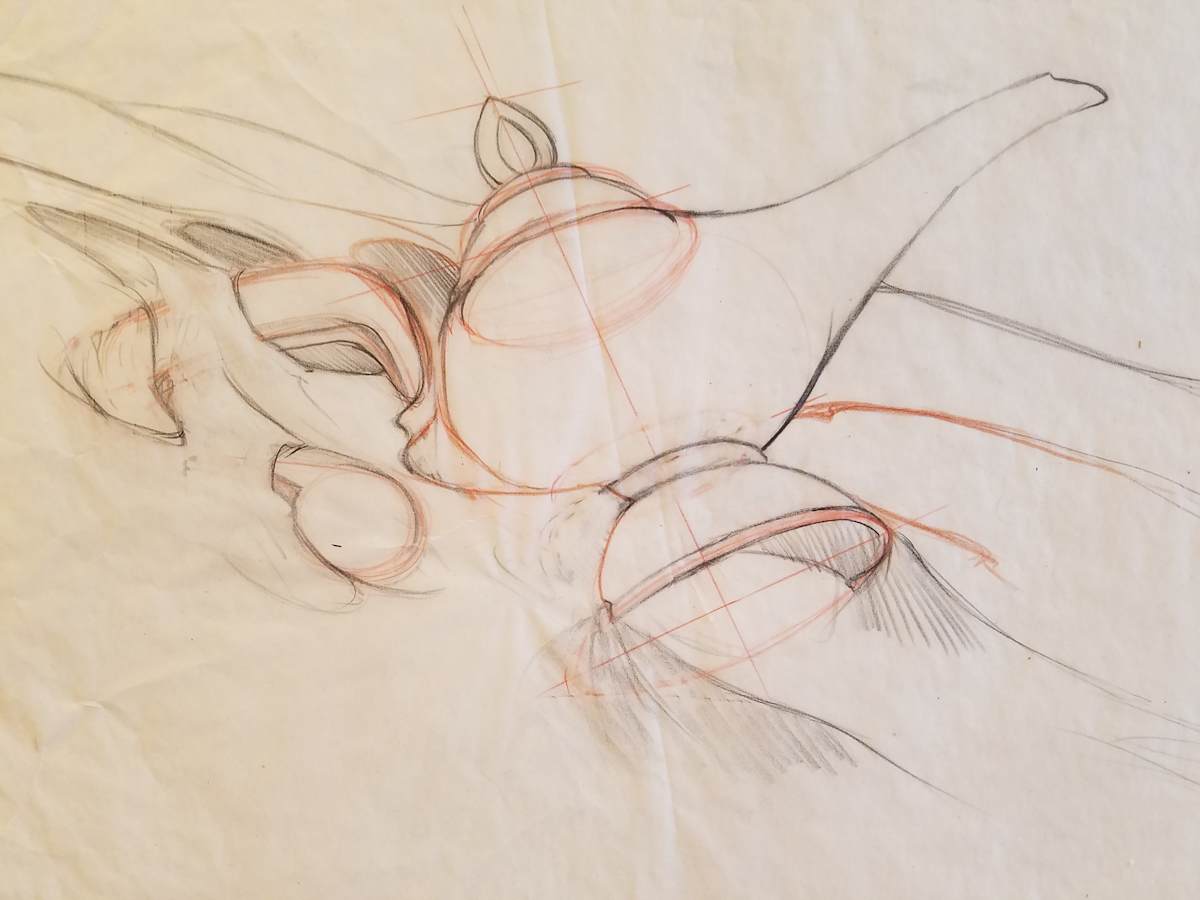 Aladdin Concept Drawing, Lamp Red Pencil Study by John Alvin, Image 1.