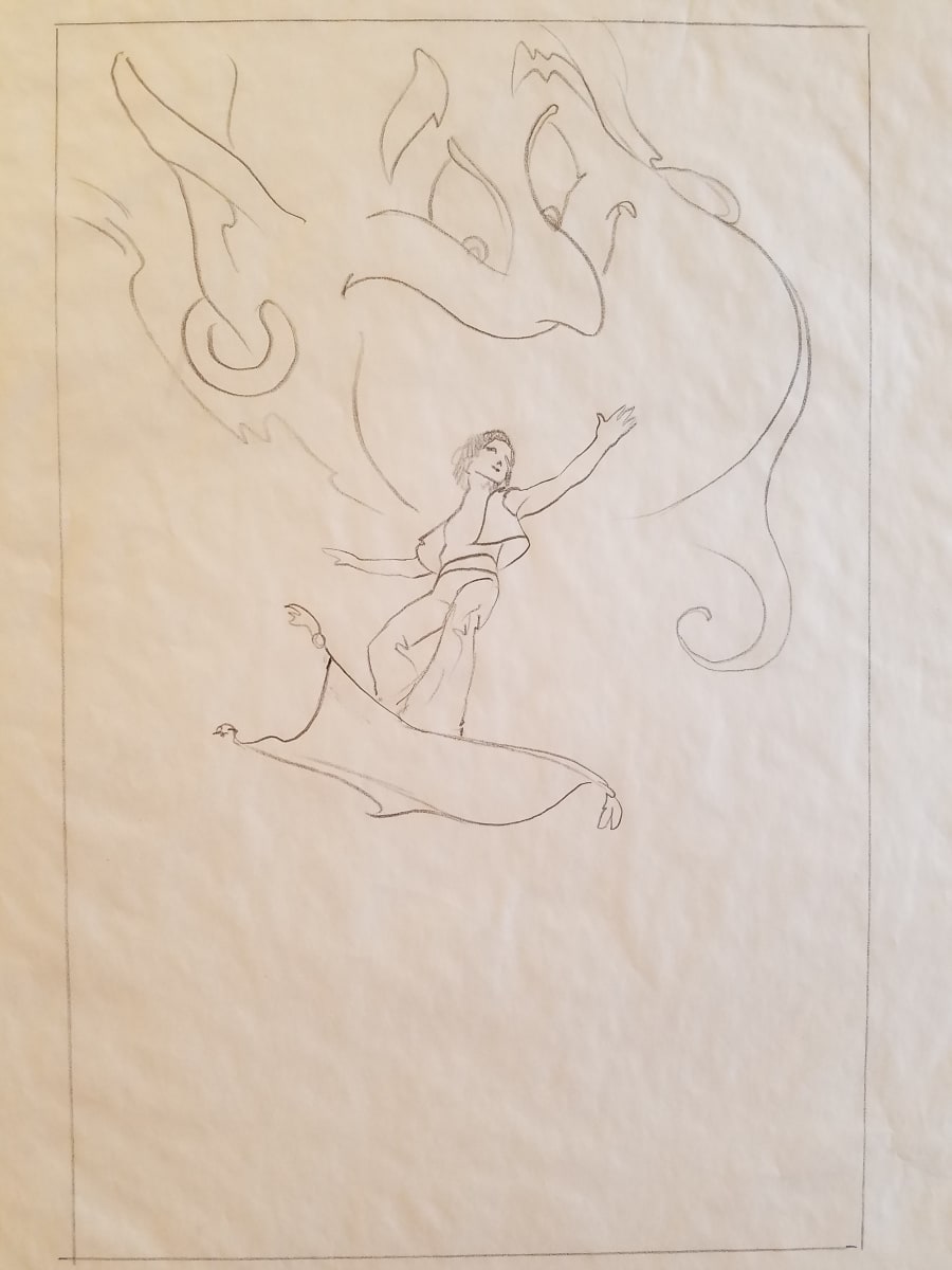 Aladdin Concept Drawing, Couple on Carpet with Genie, close to international key art by John Alvin, Image 1.